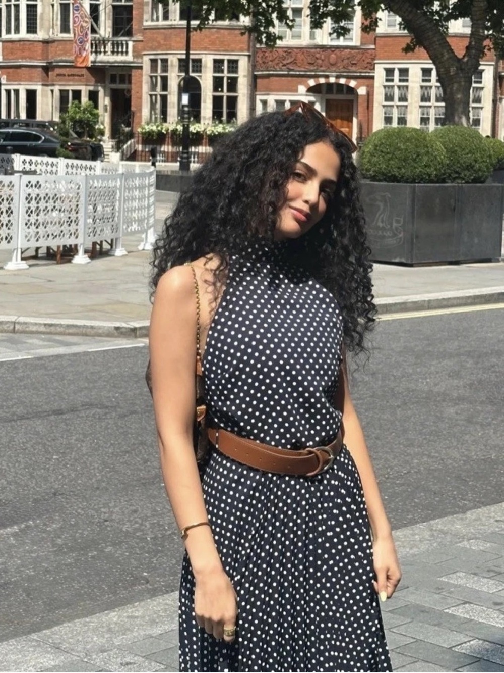 ZARA Navy Polka Dot Halter Maxi Dress with Brown Belt - Picture 8 of 13